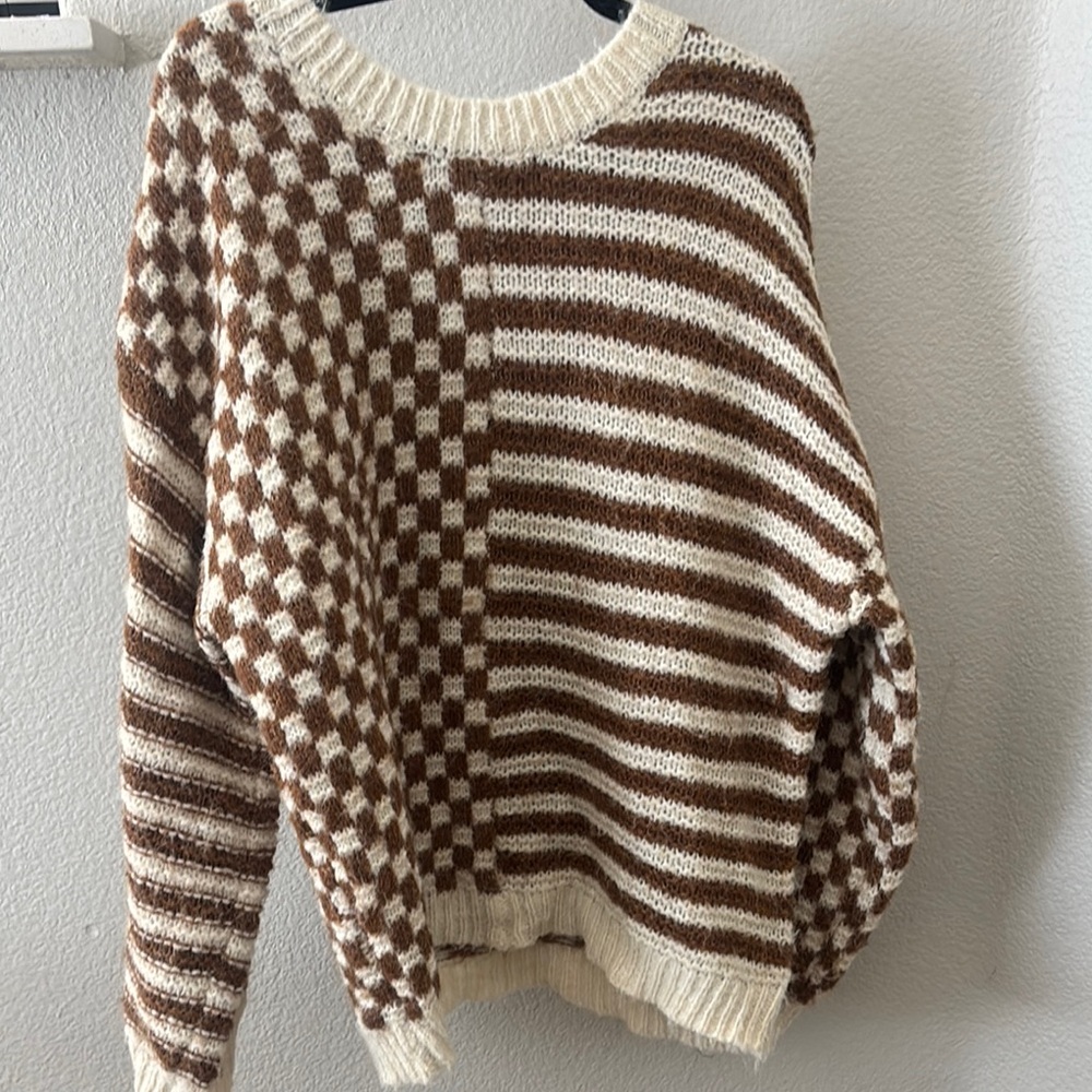 Blu Pepper Brown and Cream Crew Neck Sweater with Geometric Patterns